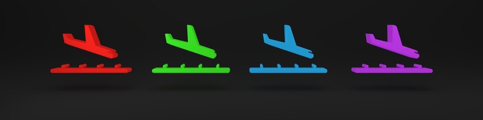 Colorful Plane landing icon isolated on black background. Airplane transport symbol. Minimalism concept. 3D render illustration