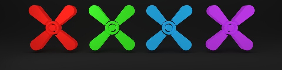 Colorful Plane propeller icon isolated on black background. Vintage aircraft propeller. Minimalism concept. 3D render illustration