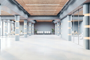 Modern empty office corridor with glass walls and wooden ceiling. 3D Rendering