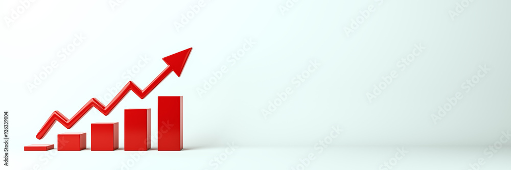 Poster Red bar chart with upward arrow on light background. 3D Rendering