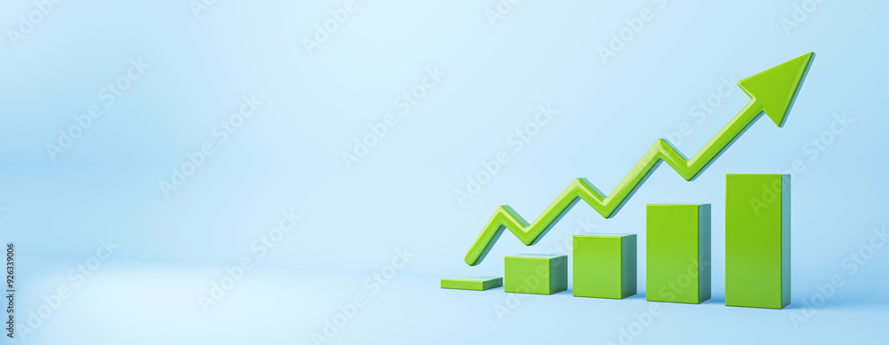 Poster Green bar chart with upward arrow on a blue background. 3D Rendering