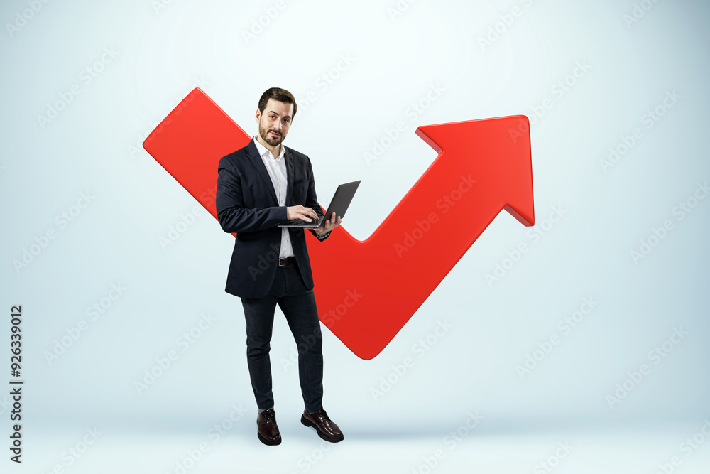 Poster Businessman with laptop standing in front of a red check mark and arrow symbol. 3D Rendering
