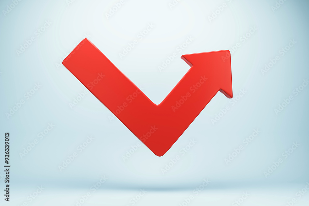 Poster Red check mark with arrow pointing upward on light background. 3D Rendering
