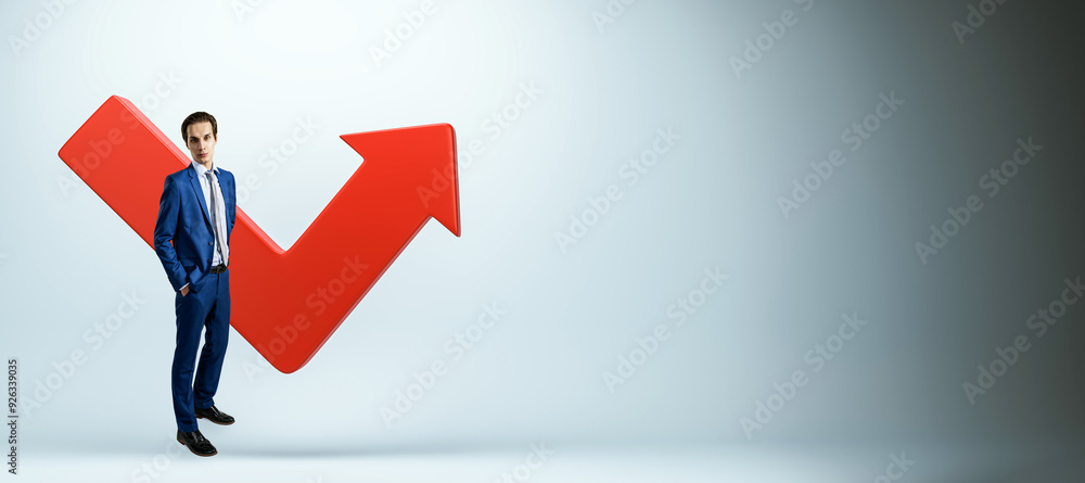 Poster businessman standing with red arrow and check mark on blue background. 3d rendering