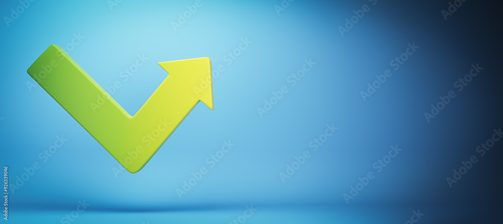 Poster green check mark with upward arrow on a blue background. 3d rendering