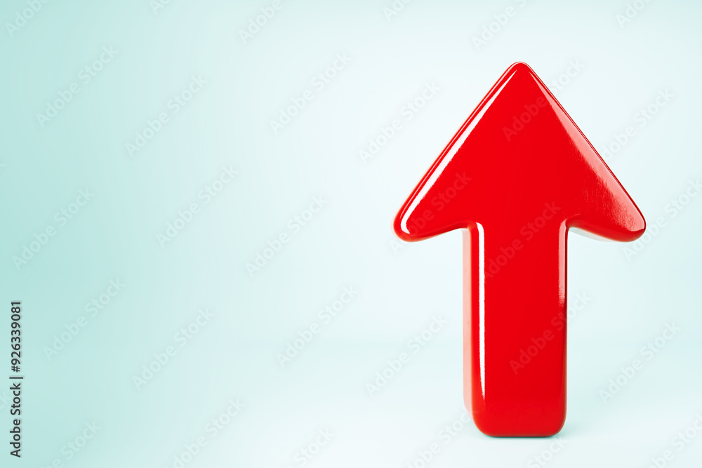 Aufkleber glossy red upward arrow on light blue background. 3d rendering