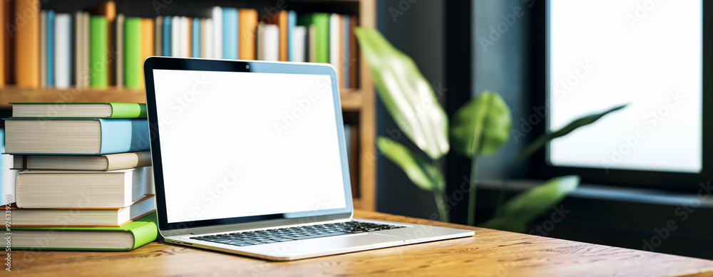 Leinwandbilder open laptop on desk with stack of books in library room. 3d rendering