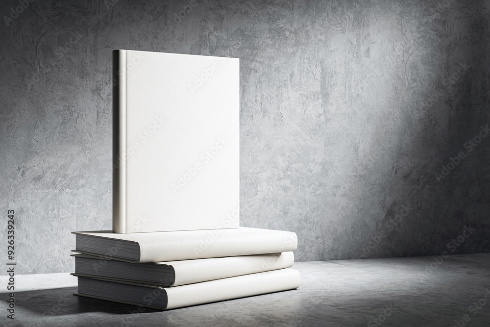 Poster blank hardcover book mockup standing on a stack of books in spotlight. 3d rendering