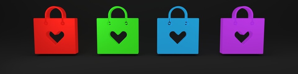 Colorful Shopping bag with heart icon isolated on black background. Shopping bag shop love like heart icon. Valentines day symbol. Minimalism concept. 3D render illustration