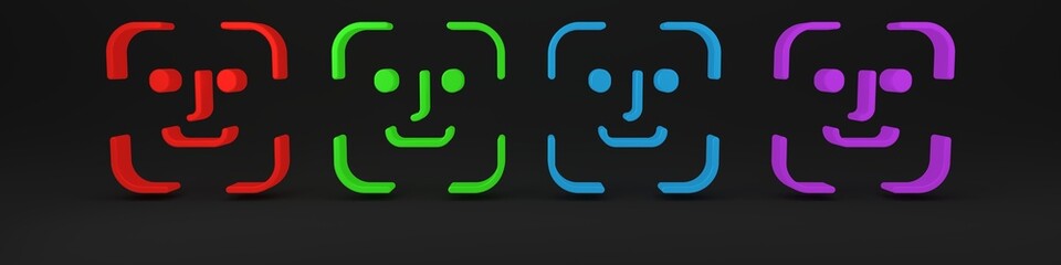 Colorful Face recognition icon isolated on black background. Face identification scanner icon. Facial id. Cyber security concept. Minimalism concept. 3D render illustration