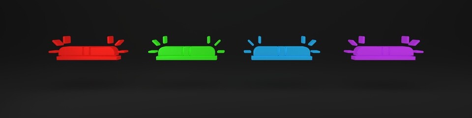 Colorful Flasher siren icon isolated on black background. Emergency flashing siren. Minimalism concept. 3D render illustration