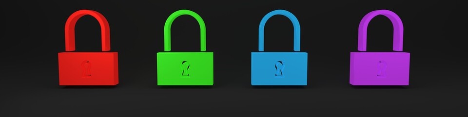 Colorful Lock icon isolated on black background. Padlock sign. Security, safety, protection, privacy concept. Minimalism concept. 3D render illustration