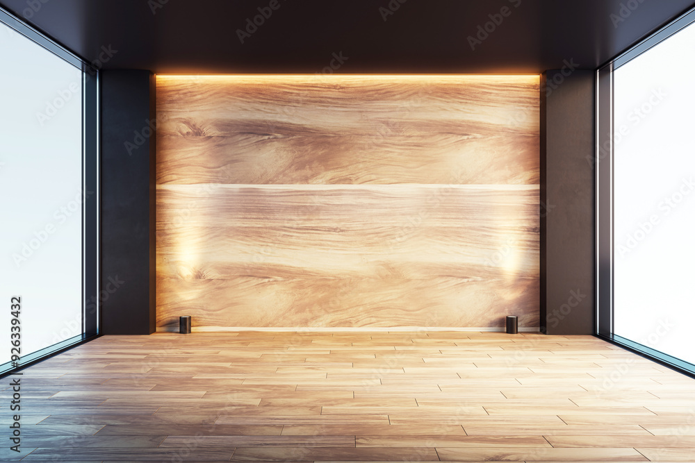 Poster modern empty room with wooden wall and floor, large windows, and ambient lighting. 3d rendering