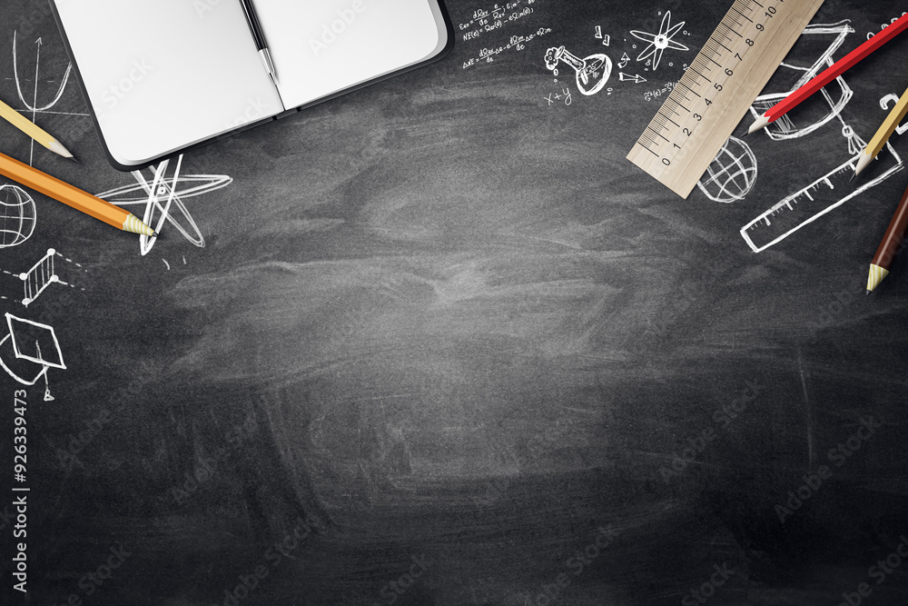Poster back to school concept with chalkboard, pencils, and notebook on black background. 3d rendering