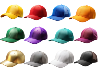 colorful baseball cap collection on transparent background, all color baseball caps in one png format photo. red, white, yellow, gray, teal, green, purple, magenta, blue, orange, silver caps