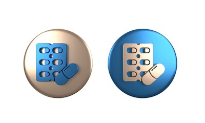Colorful Pills in blister pack icon isolated on white background. Medical drug package for tablet, vitamin, antibiotic, aspirin. Circle button. 3D render illustration