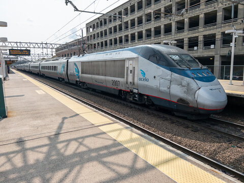 New Haven, CT - August 15 2024 - Amtrak Acela 2007 is boarding passengers for a trip to Baltimore