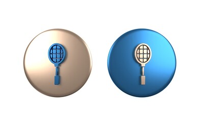 Colorful Tennis racket icon isolated on white background. Sport equipment. Circle button. 3D render illustration