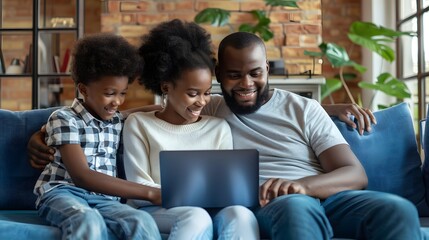 Fototapeta premium African American family working on a laptop while