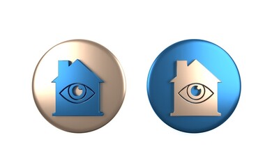 Colorful House with eye scan icon isolated on white background. Scanning eye. Security check symbol. Cyber eye sign. Circle button. 3D render illustration