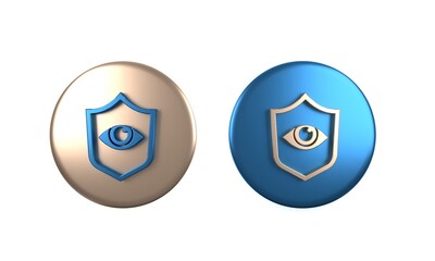Colorful Shield and eye icon isolated on white background. Security, safety, protection, privacy concept. Circle button. 3D render illustration
