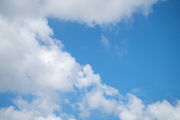 Beautiful blue sky and white cumulus clouds abstract background. Cloudscape background. Blue sky and fluffy white clouds on sunny days. Blue sky and daylight. World Ozone Day. Ozone layer. Summer sky.