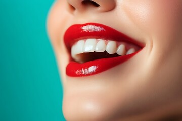 Obraz premium Close-up happy female smile with healthy white teeth, bright magenta lips make-up. Cosmetology, dentistry and beauty care. Macro of woman's smiling mouth. Beautiful smile