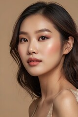 Naklejka premium Close-up portrait of beautiful elegant Asian woman with flawless skin and minimal makeup on beige background, highlighting natural beauty and sophisticated facial expression, skincare concept