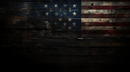 A faded American flag painted onto a dark wooden surface, with horizontal planks, showing red and white stripes and white stars.