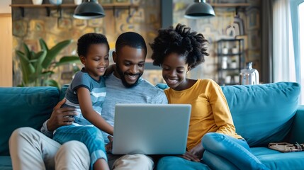 Fototapeta premium African American family working on a laptop while