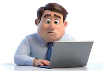 Cartoon Man in White Shirt and Blue Tie Staring at Laptop with Disappointed Expression