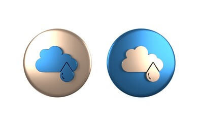 Colorful Cloud with rain icon isolated on white background. Rain cloud precipitation with rain drops. Circle button. 3D render illustration