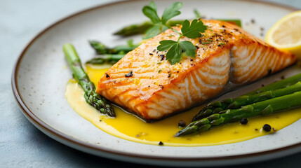 salmon fillet with asparagus and lemon sauce food presentation gourmet main course menu fish recipe