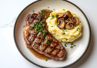 juicy steak with mashed potatoes and mushrooms plate food presentation steak recipe gourmet main course menu