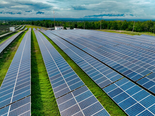 Aerial view of solar farm. Sustainable renewable energy and modern photovoltaic technology for...