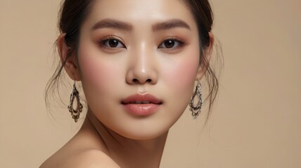 Fototapeta premium Close-up portrait of beautiful elegant Asian woman with flawless skin and minimal makeup on beige background, highlighting natural beauty and sophisticated facial expression, skincare concept