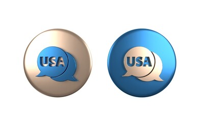 Colorful USA label icon isolated on white background. United States of America. Circle button. 3D render illustration