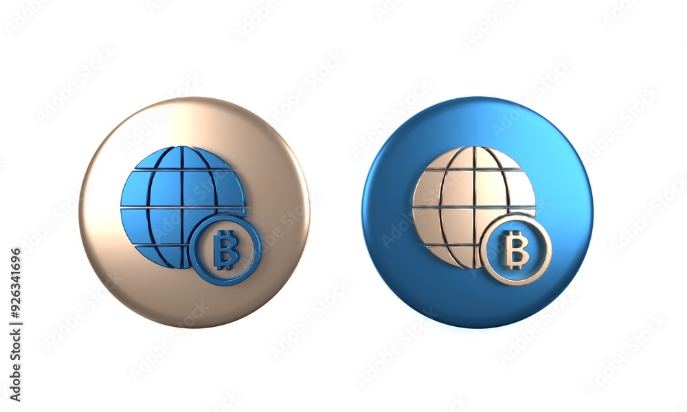 Poster colorful globe and cryptocurrency coin bitcoin icon isolated on white background. physical bit coin.