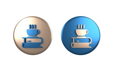 Colorful Coffee cup and book icon isolated on white background. Tea cup. Hot drink coffee. Circle button. 3D render illustration