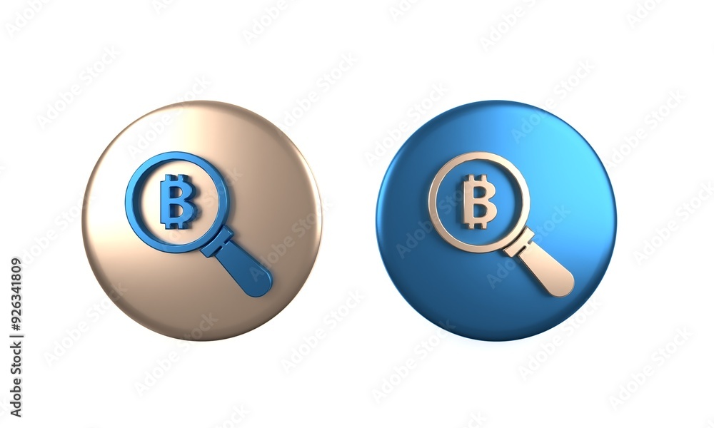 Poster colorful magnifying glass with bitcoin icon isolated on white background. physical bit coin. blockch