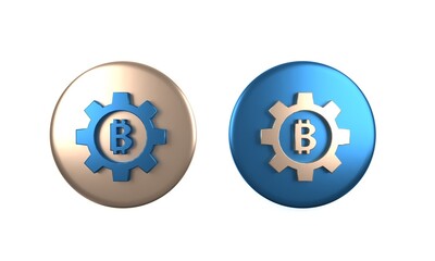 Colorful Cryptocurrency coin Bitcoin icon isolated on white background. Gear and Bitcoin setting. Blockchain based secure crypto currency. Circle button. 3D render illustration