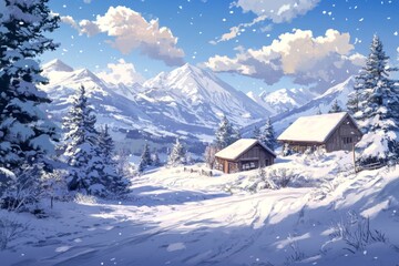 Winter Wonderland: A Mesmerizing Snowy Landscape in Anime Style, Perfect for Gaming Art and Storybook Illustrations in 4K