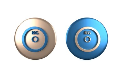 Colorful Weight plate icon isolated on white background. Equipment for bodybuilding sport, workout exercise and fitness. Circle button. 3D render illustration