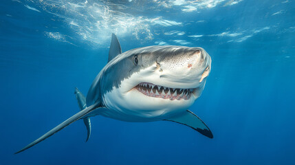 Naklejka premium A fearsome shark glides through the ocean depths, its menacing toothy mouth agape, revealing rows of sharp teeth. --ar 16:9 --v 6.1 Job ID: e228822f-c9f9-479c-a591-e3cfa1b2da02