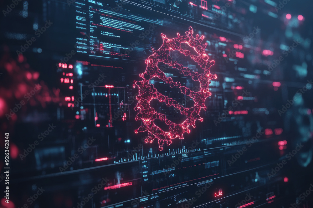 Poster digital dna strand is glowing on a dark background with data and information. this can be used to re