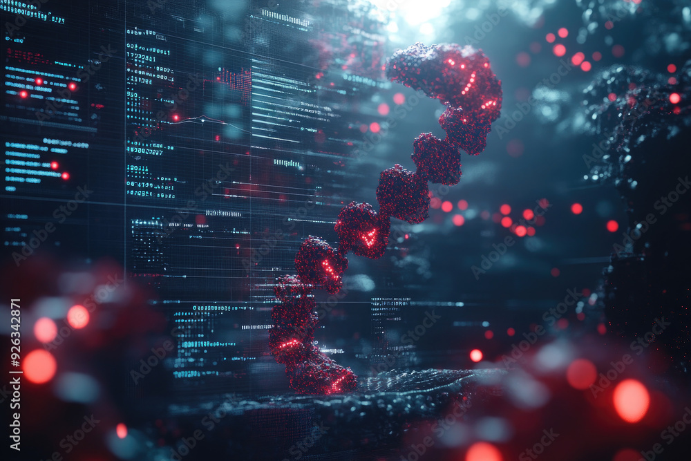 Poster digital dna strand is glowing on a dark background with data and information. this can be used to re