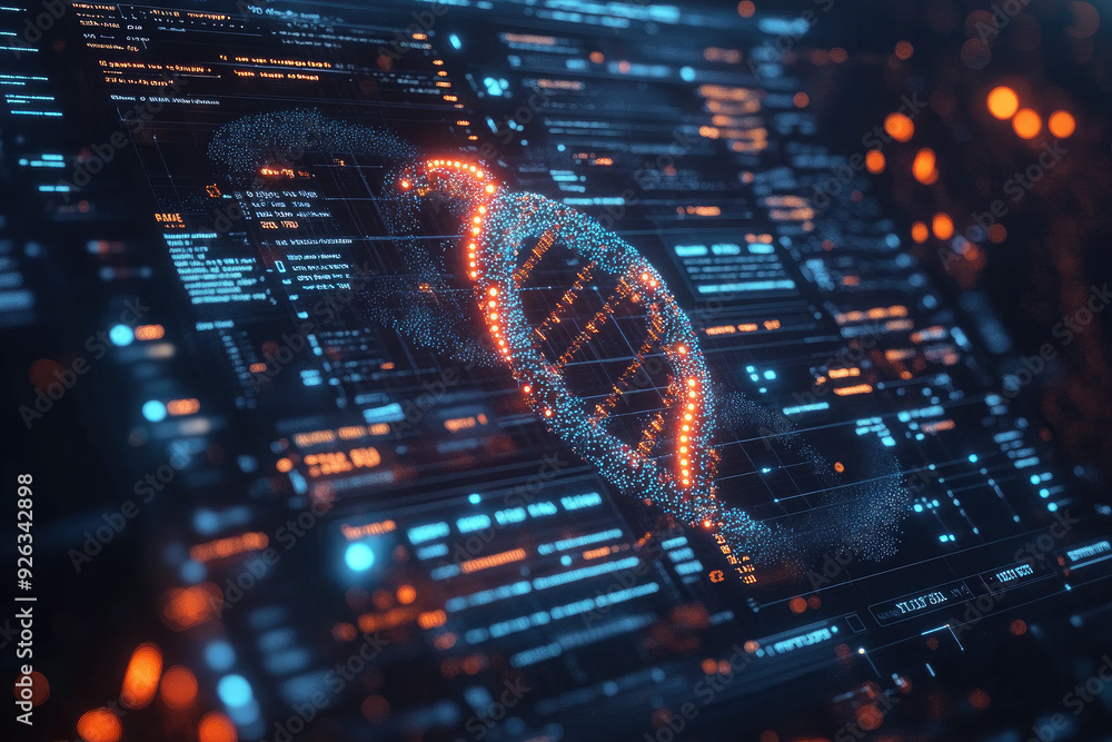 Poster digital dna strand is glowing on a dark background with data and information. this can be used to re
