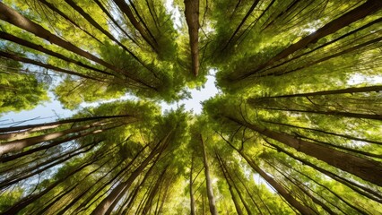 Serene green forest with sunlight shining through trees, creating a peaceful atmosphere and natural beauty, perfect for nature, tranquility, and outdoor scenery concepts