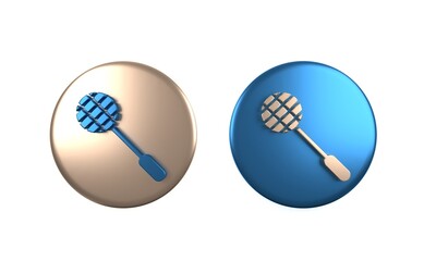 Colorful Tennis racket icon isolated on white background. Sport equipment. Circle button. 3D render illustration