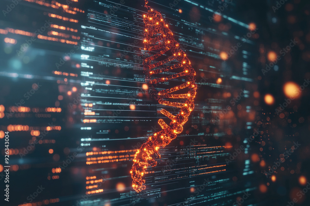 Poster digital dna strand is glowing on a dark background with data and information. this can be used to re
